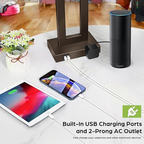22" Brown Modern Table Lamp Set of 2 with 2 USB Ports&AC Outlet (2 Count)