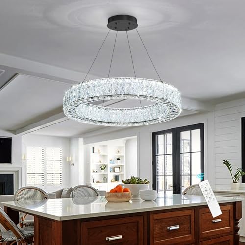 Modern Round Crystal Chandelier Remote Dimmable Ceiling Light Fixture for Dining Room Living Room Kitchen Island Black
