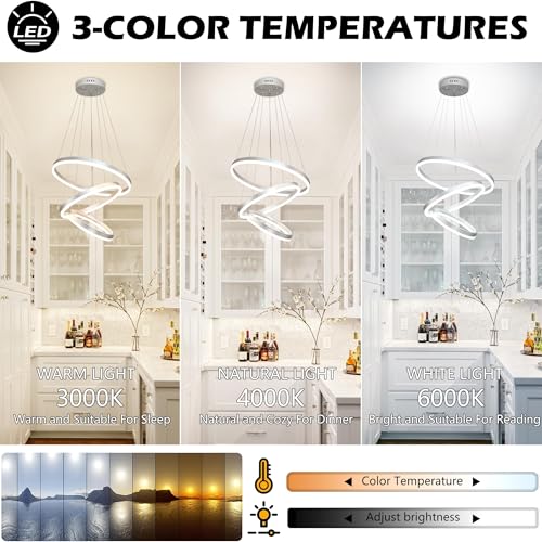 Modern Sliver Led Chandelier 3 Rings Pendant Lights Dimmable Chandeliers Color Temperature Height Adjustable Sliver Chandelier Led Pendant Light for Dining Room Bedroom Entryway Living Room