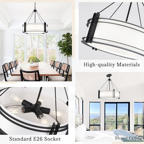 20.4'' Black Drum Chandelier with White Linen Fabric Shade (5 Count)