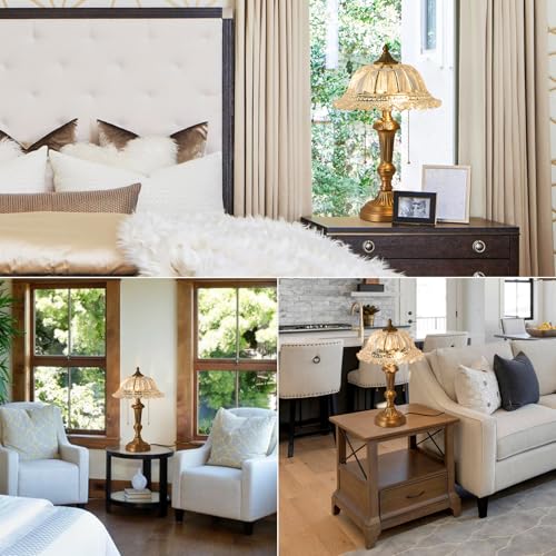 Glass Shade Table Lamp Vintage Brass Metal Desk Lamp 2 Lights Table Light with Plug Switch for Bedroom Living Room Home Office