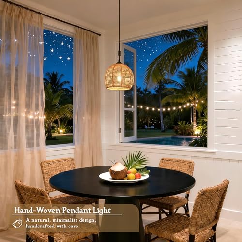 Plug in Mini Hemp Rope Woven Pendant Light Woven Light Fixture Boho Chandelier Wicker Pendant Lights Rattan Plug in Cord Hanging Lights Dome Wicker Chandelier for Bedroom
