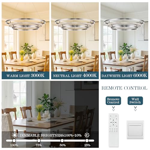 3 Ring LED Chandelier Modern Chandelier Weathered Wood Nickel Dimmable 31''