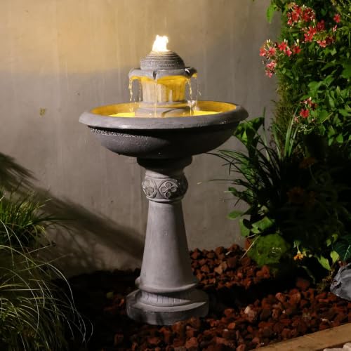 39.1H 2 Tier Outdoor Water Fountain with LED Lights Large Italian Resin Garden Fountain for Patio Yard Cascading Waterfall Feature with Quiet Pump Gray