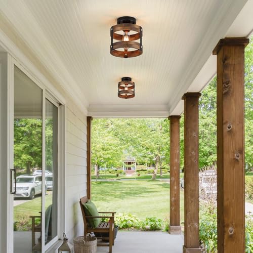 2 Pack Rustic Farmhouse Wood Flush Mount Ceiling Light Fixture Oak Wood and Metal Round Cage Small Semi Flush Mount Ceiling Light for Kitchen Hallway Entry Bedroom Country Farmhouse (2 Count)