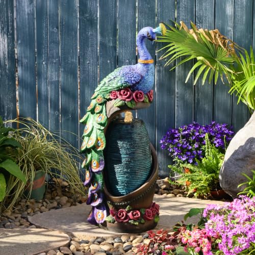 32" Peacock Sculpture Waterfall Fountain Indoor with LED Lights
