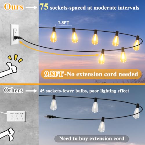 150FT Outdoor String Lights 77 Bulbs