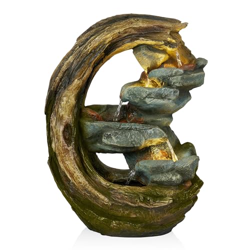 WIN1554S Outdoor Curved Trunk and Stone Floor Fountain with Warm White LED Lights