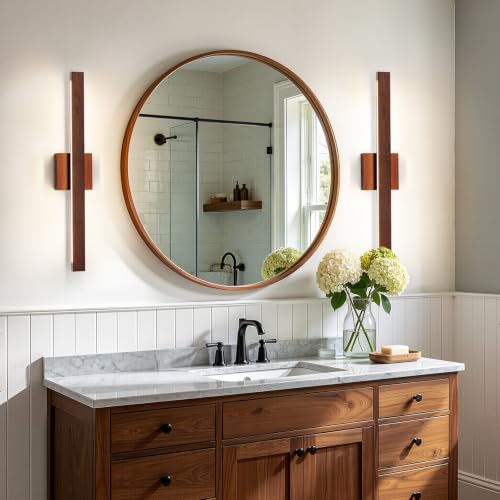 Bathroom Vanity Light 24 Inch Brown Wood Finish Bathroom Light Fixture Over Mirror with Up & Down Lighting 20W Dimmable 5CCT LED Vanity Lighting Fixture Bar for Restroom Bedroom