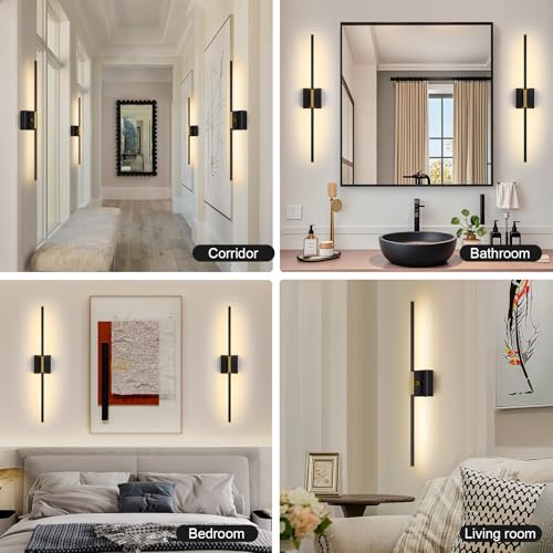 Wall Sconces Set of Two with Remote Control 29.1 in Dimmable Black Gold Battery Operated Wall Lights 350° Ratation 3000K (2 Count)