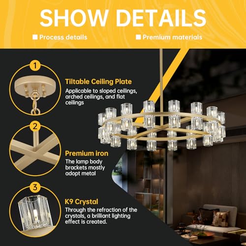 32 Lights Dia 33" Gold Crystal Chandeliers for Dining Room Light Fixture