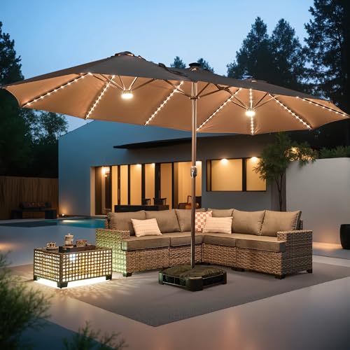15ft Large Patio Umbrellas with Base & Solar Lights