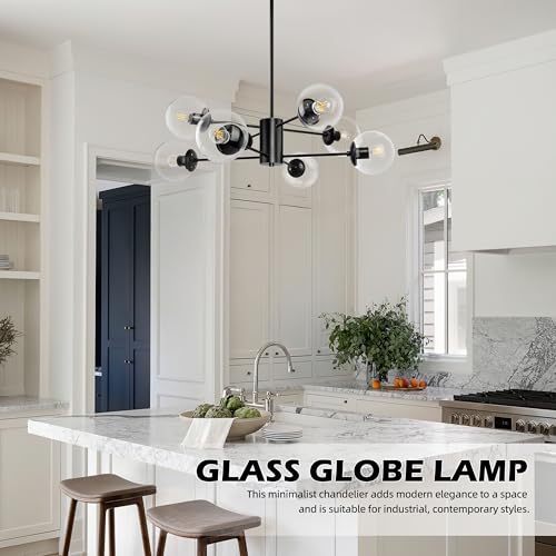 8 Light Globe Sputnik Chandelier Mid Century Sputnik Chandeliers Modern Black Chandelier with Clear Globe Pendant Light Clear Glass Adjustable Hanging Ceiling Light for Living Dining Room