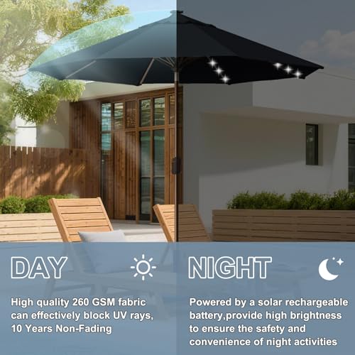 USA 10-Year-Non-Fading 10ft Market Patio Umbrella, Commercial Grade Table Sun Umbrella with 80 Solar LED Lights, Crank Open, Windproof & UPF 50+ UV Protection for Garden, Deck, Pool, Backyard, Black