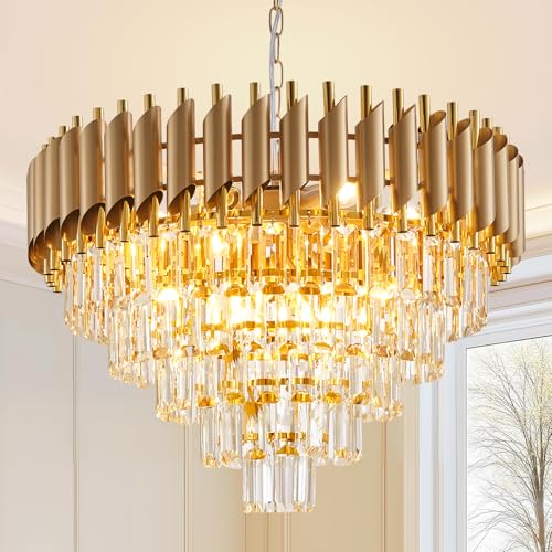 Gold Crystal Chandelier 24" Modern Living Room Chandeliers