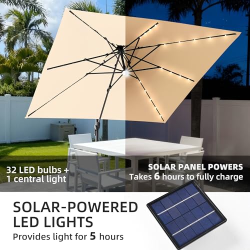 9x9 FT Cantilever Offset Patio Umbrella with Lights & Base