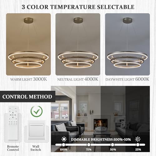 Modern LED Chandelier Black Wood Dimmable 3 Ring Brushed Nickel Chandeliers