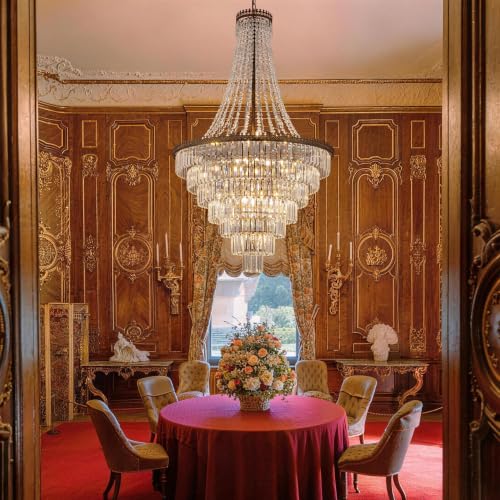 French Empire Crystal Chandelier 34" W Large High Ceiling Chandelier