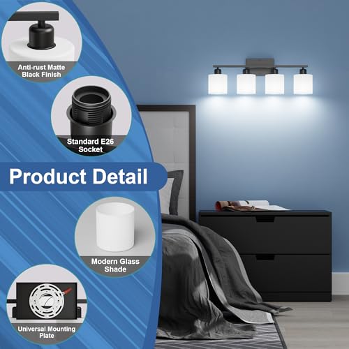 24 Inches Black Vanity Lights for Bathroom E26 Base White Lampshape