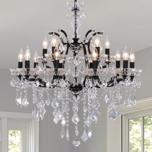 15 Light Modern Maria Theresa Crystal Chandelier UL Listed Black Farmhouse Chandeliers D29.5 Pendant Light Fixture for Dining Room Living Room Bedroom Foyer Entryway
