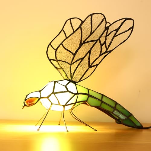 Tiffany Table Lamp Green Dragonfly Stained Glass Bedside Nightstand Night Light