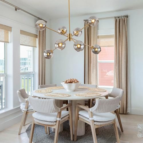 Modern Vintage Globe Sputnik Chandelier Gold Smoked Gray Glass Light Fixture Large 8 Light Mid Century Brushed Brass Pendant Light Kitchen Island Contemporary Ball Hanging Lamp