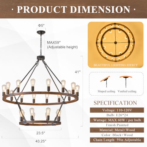 Farmhouse Wood Wagon Wheel Chandelier 24 (24 Count)