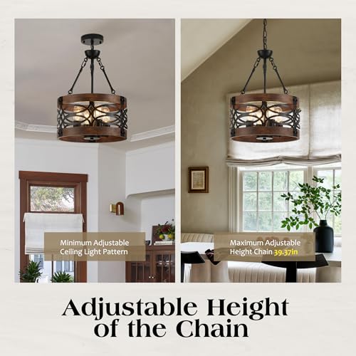 4 Light Farmhouse Drum Wood Pendant Light 13.8'' Vintage Rustic Brown Oak Wood Chandeliers (4 Count)