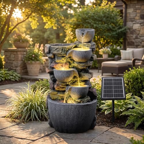 24'' Outdoor Solar Powered Water Fountain with Planter Pot and LED Lights