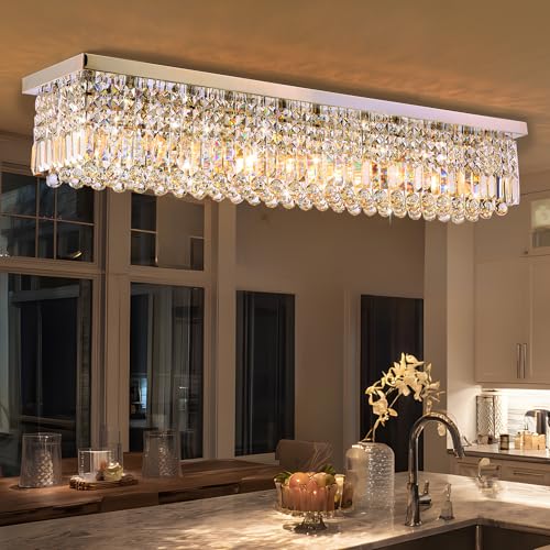 12 Lights Crystal Chandeliers Modern Crystal Rectangular Flush Mount Chandelier with Raindrop Crystals Pendant Light Fixture for Dining Dining Room Kitchen Dining Room Bedroom Bathroom Hotel