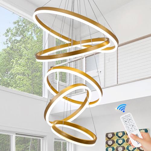5 Rings Modern LED Chandelier Gold Dimmable High Ceiling Chandelier for Dining Room with Remote Control for Foyer Living Room Entryway Staircase