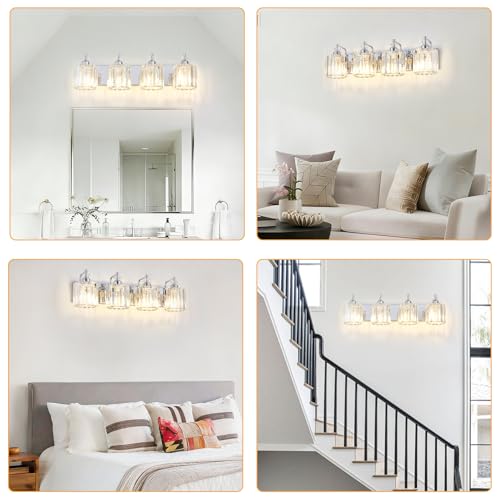 4 Light Modern Bathroom Light Fixture Chrome Bathroom Vanity Lights Over Mirror Wall Sconce Lighting with K9 Crystal Shades E26 Base for Bedroom