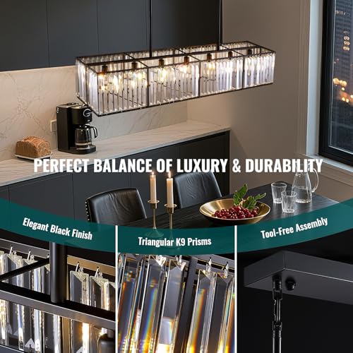 Modern Black Rectangular Crystal Chandelier for Dining Room