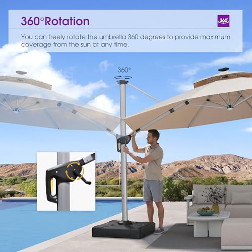Patio Umbrella with Base 13ft Solar LED Light Double Top