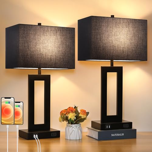 22" Black Modern Table Lamp Set of 2 with 2 USB Ports&AC Outlet (2 Count)