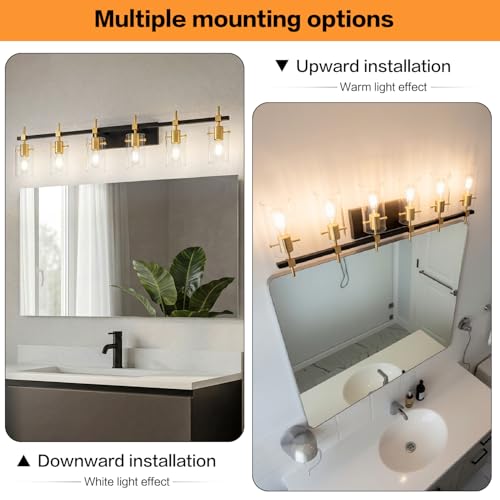 49.2 inch Vanity Light fixtures Vintage 6 Lights Wall Light Fixtures Above Mirror for Bathroom Brass and Black with Clear Glass Shade