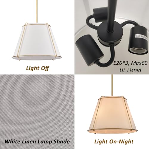 3 Light Gold Cone 16" Pendant Light Fabric Drum Shade with Metal