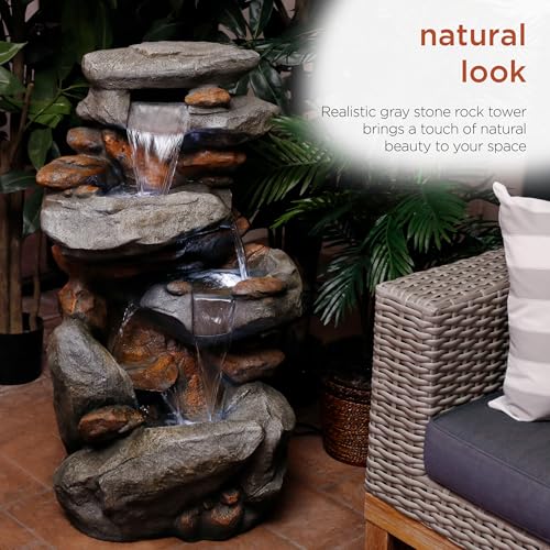 40" 4 Tier Rock Floor Fountain with Cascading Water & White LED Lights