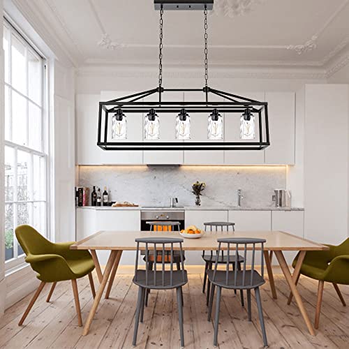 Black Farmhouse Chandeliers Rectangle 5 Light Modern Kitchen Island Pendant Light with Clear Water Glass Industrial Linear Dining Room Lighting Fixture Hanging Flush Mount Ceiling Lights