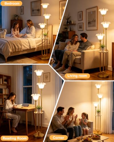 Flower Floor Lamp for Living Room Dimmable Vintage Floor Lamp with Shelf& Bulbs Included Mid Century Gold Floral Standing Tall Lamp for Bedroom (3 Count)