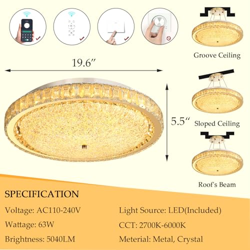 19.6" Modern Crystal Chandelier Dimmable LED Flush Mount Ceiling Light with Remote Control for Living Room Dining Room Bedroom Hallway Foyer Gold