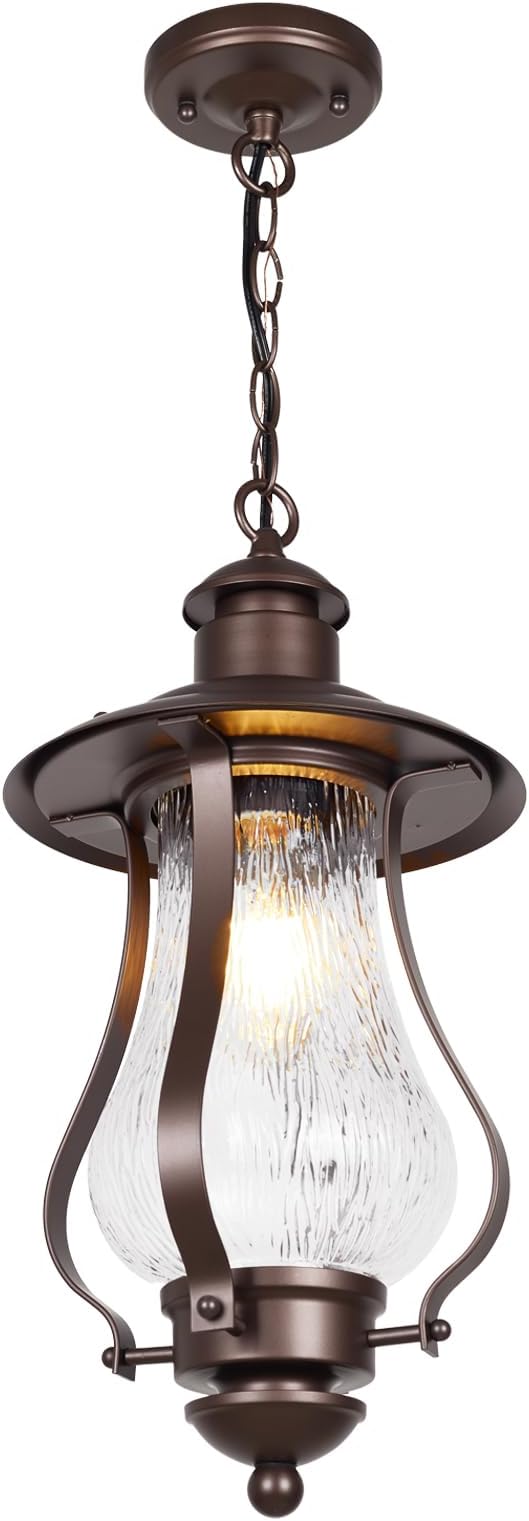 Treekee Outdoor Pendant Light, Vintage Hanging Lantern with Wood Grain Glass, Farmhouse Adjustable Brown Exterior Chandelier Fixture with E26 Socket for Porch, Patio, Entryway, Gazebo - Aura Lighting