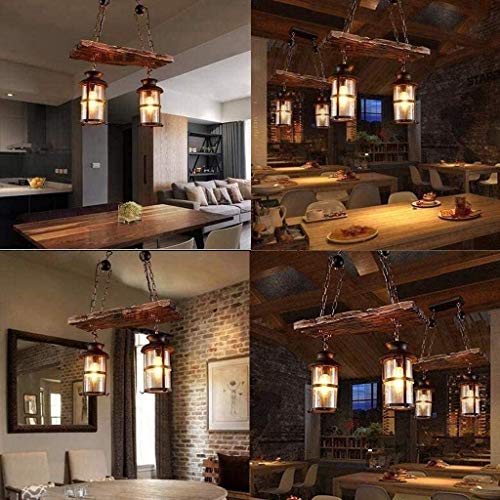 Wood Retro Pendant Lighting Industrial Vintage Chandelier Black Metal Bedroom Restaurant Suspension Lamp Cage Frame with Glass Shade House Loft Bar Coffee Decoration Ceiling Lights Fitting (2 Count)