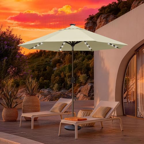 USA 10-Year-Non-Fading 10ft Market Patio Umbrella, Commercial Grade Table Sun Umbrella with 80 Solar LED Lights, Crank Open, Windproof & UPF 50+ UV Protection for Garden, Deck, Pool, Backyard, Natural