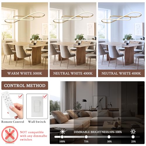 Modern LED Chandelier Gold Dimmable LED Pendant Light for Dining Room Light Fixture Over Table Modern Kitchen Island Lighting High Ceiling with Remote for Living Room