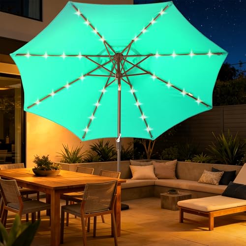 9‘ Patio Umbrella with lights pool Umbrella for Patio turquoise