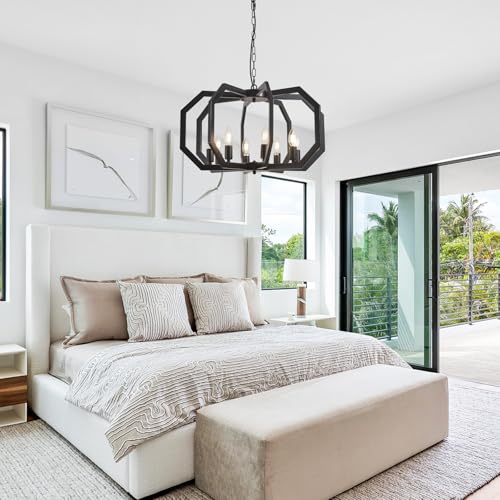 8 Black Light Farmhouse Chandelier Dining Room Light Fixture Geometric Modern Rustic Hanging Pendant Light for Living Room