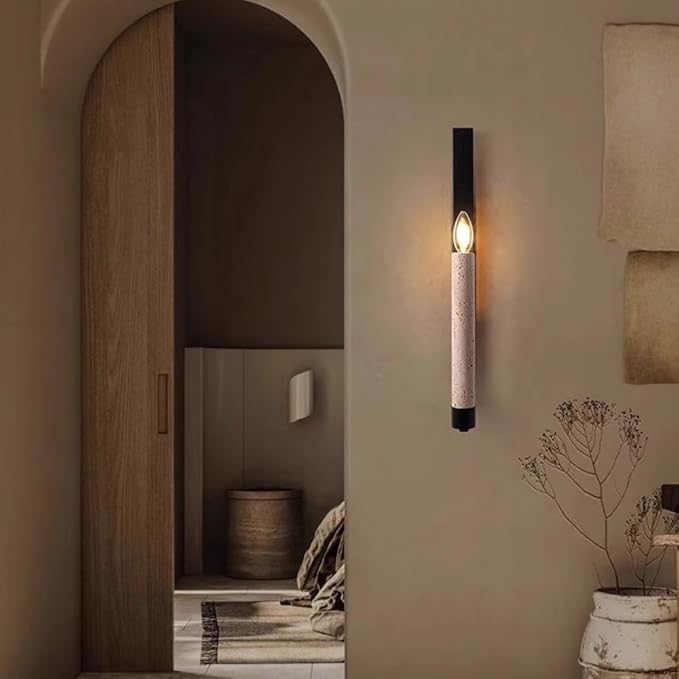 Natural Marble Wall Sconces, Japanese Style Wabi-Sabi Art Lighting Fixture, Yellow Travertine Wall Lamp, Linear Candle Wall Sconce E14 Base Hardwired Wall Light for Bedroom Living Room