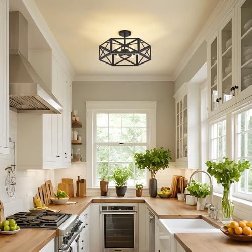 30W Semi Flush Mount Ceiling Light with Remote 19.7" Hexagon Black