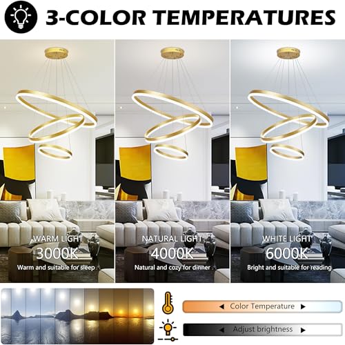 31.5" 3 Ring Modern Led Pendant Light Gold Modern Led Chandelier Contemporary Ring Chandeliers Dimmable Chandeliers Color Temperature Adjustable Height Hanging Chandelier for Living Room